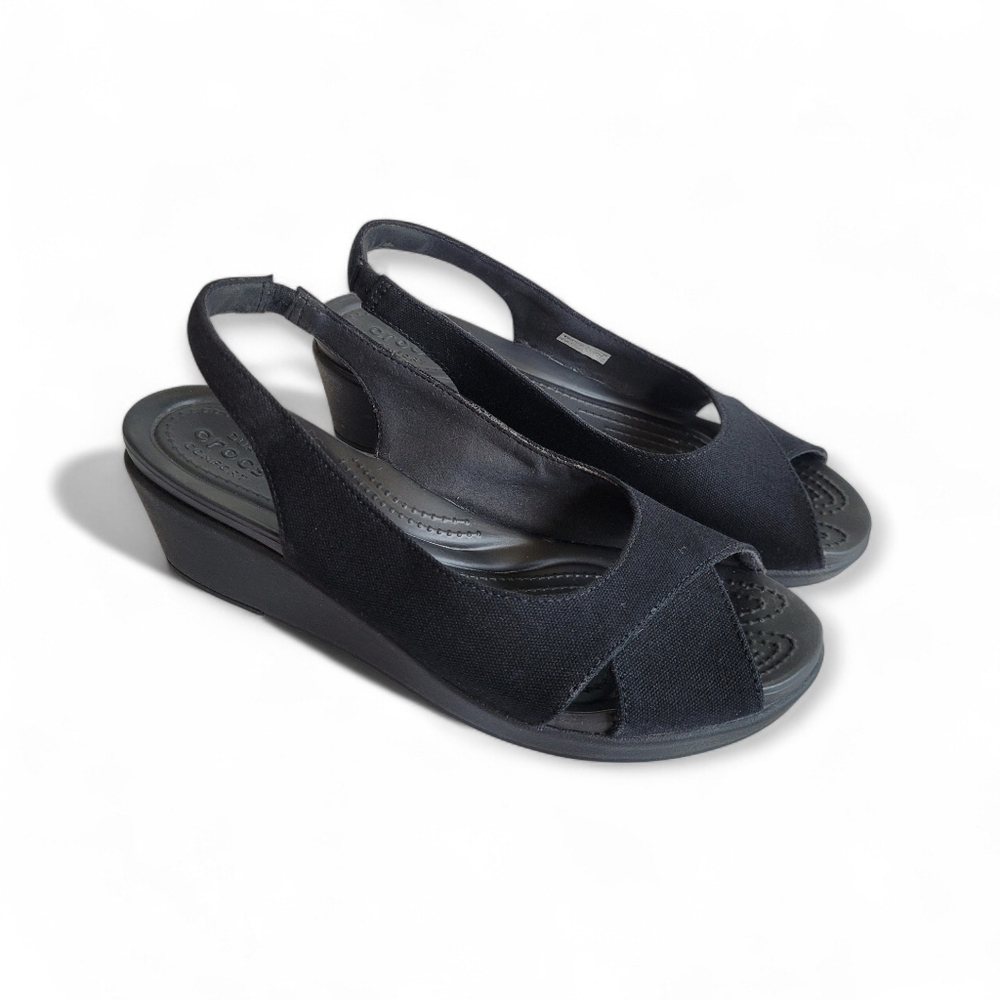 Crocs Leigh Ann Slingback Wedge Sandals Black 8